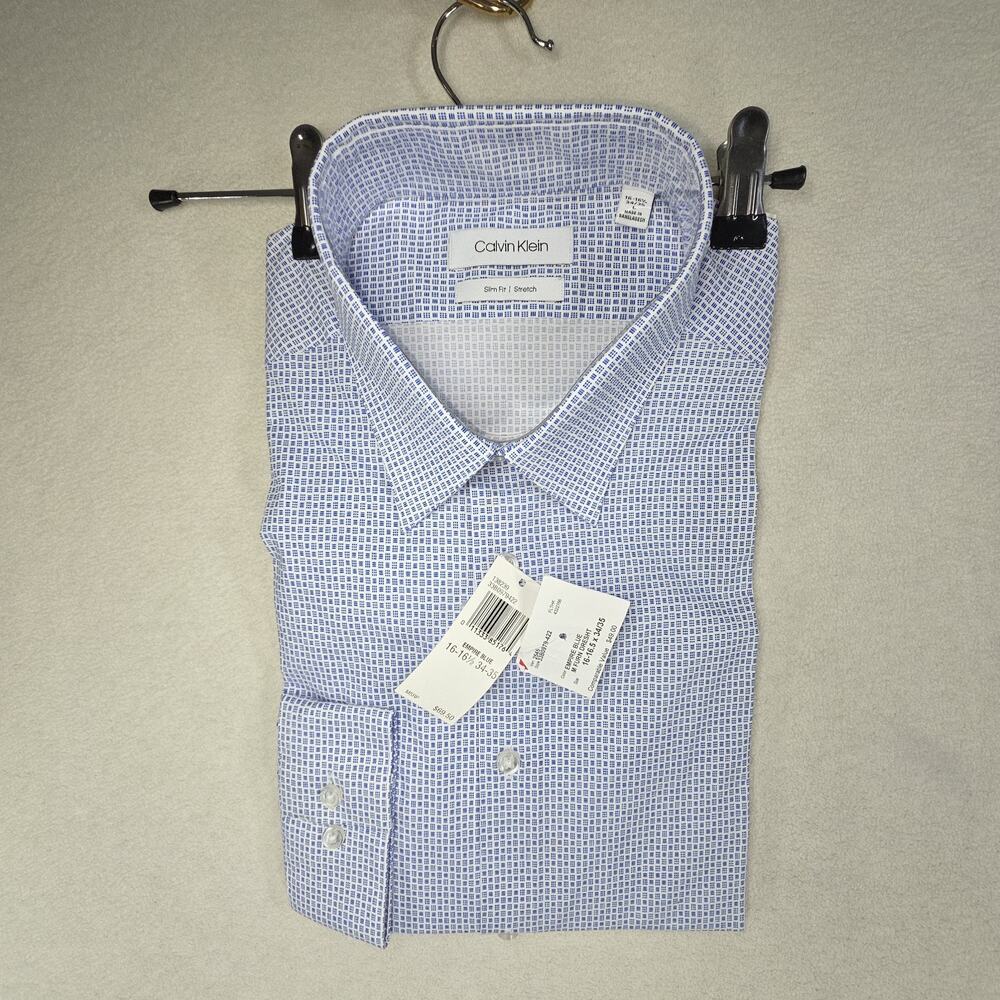 Calvin Klein Men Regular Fit Blue White Wrinkle Free Dress Shirt Large 16 16.5 - Picture 5 of 7
